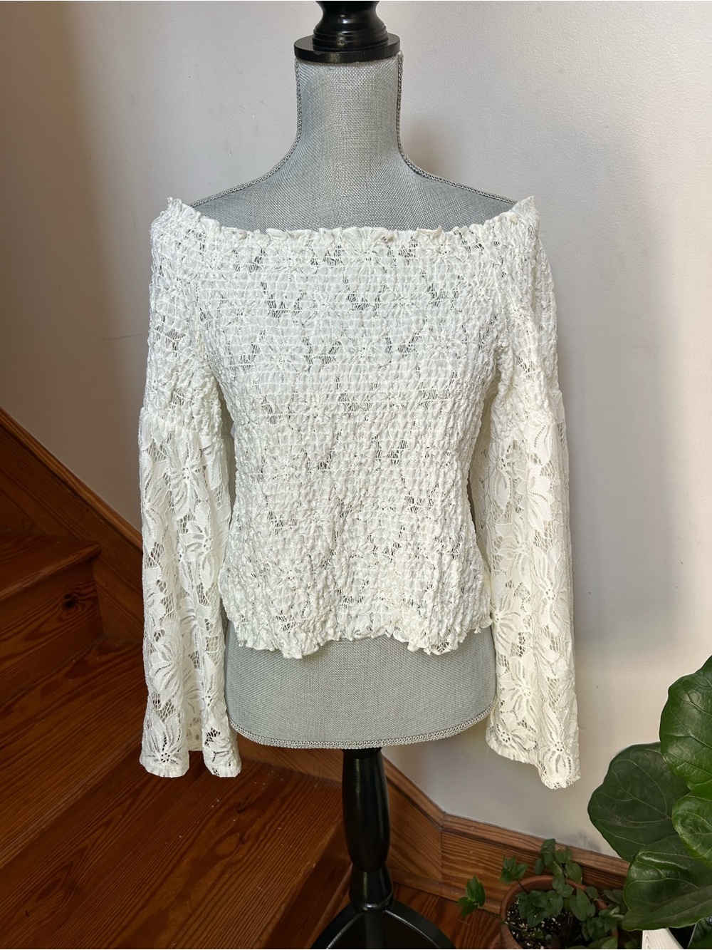 Off-Shoulder White Lace Smocked Women's Sweater Medieval Fairy